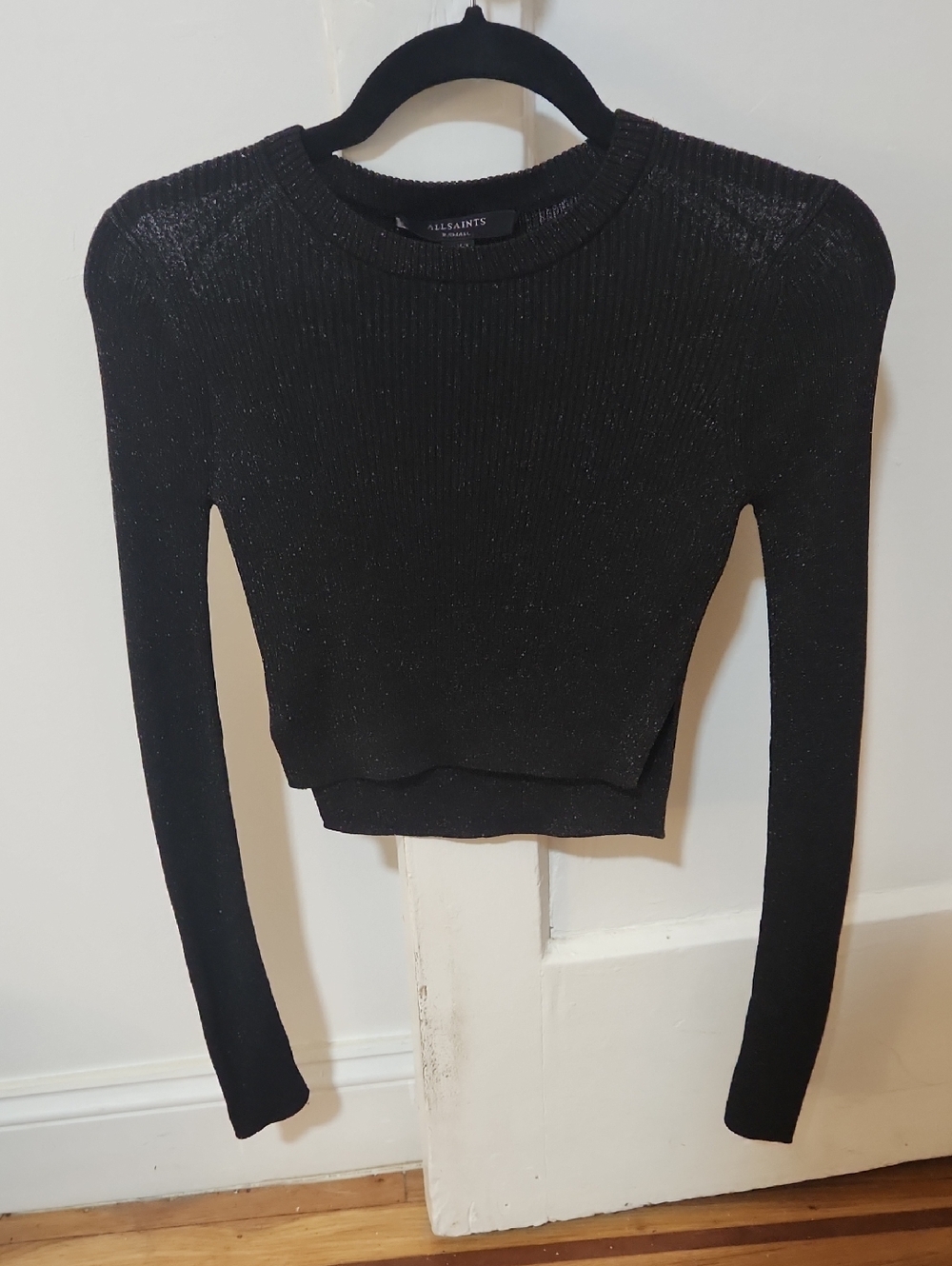 AllSaints Black Metallic Ribbed Knit Crop Top Minimalist XS